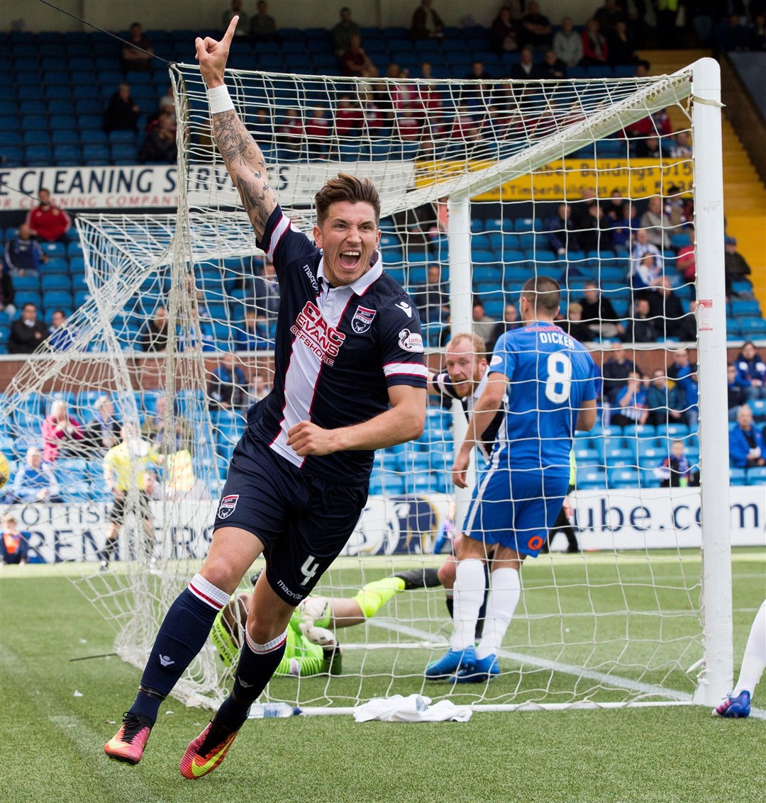 Chris Routis celebrates during the Staggies' win over Kilmarnock in 2017. Picture: Ken Macpherson