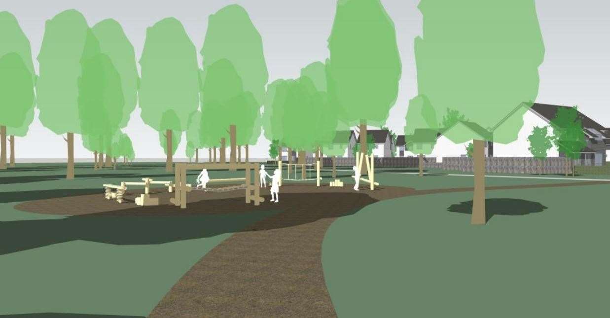 An artist's impression of an informal play area in woodland to the south of the housing.