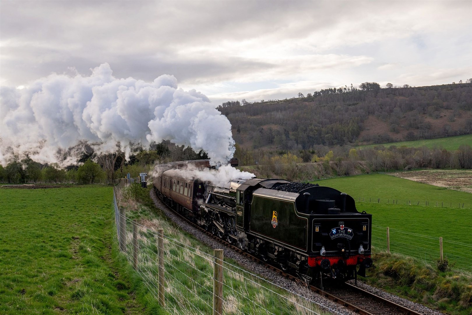 The Great Britain XVI steam train on the Kyle Line, travelling through Fodderty near Strathpeffer, on April 17 2024. Picture: Sam Bilner.