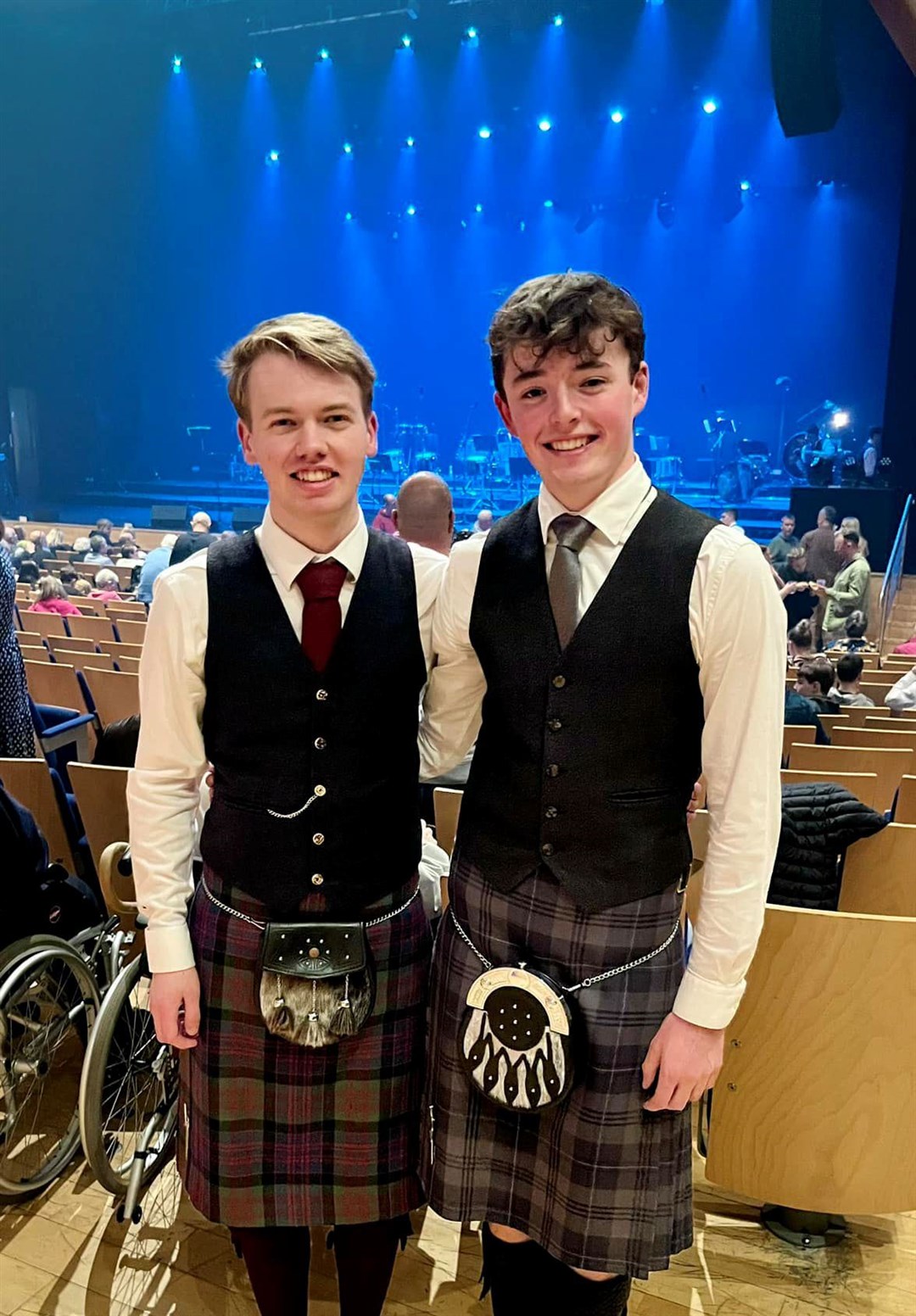 Dingwall Academy pipers Ruaraidh Drennan (S6) and Dan Mackinnon (S5), at the National Youth Pipe Band of Scotland performing at Perth Concert hall, April 2024. Picture: Dingwall Academy.